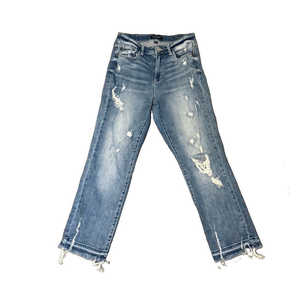 Judy Blue Jeans Womens 5/27 Blue Sraight Fit Distressed Ripped Stretch JB82436MD - Picture 2 of 10